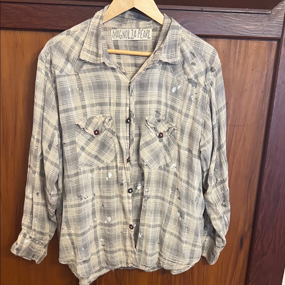 Magnolia Pearl womens Distressed Plaid Shirt - Cream and Gray